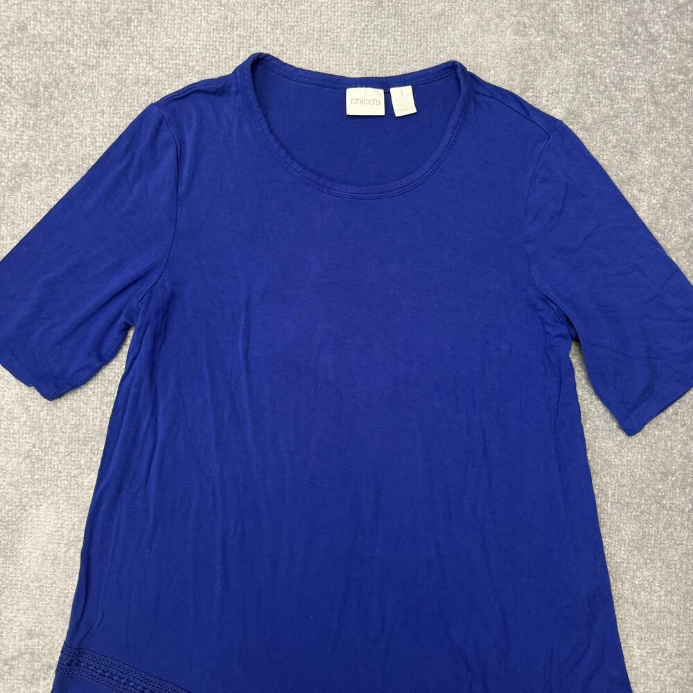Chicos Tunic Top Womens 1 (US Size 8) Blue Asymmetrical Hem Crochet Stretch - Picture 2 of 8